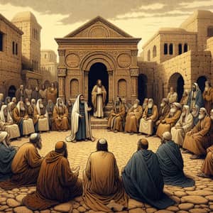 Aged Biblical Scene Depicting Multicultural Group with Central Authority Figure