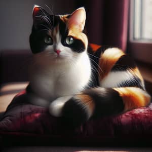 Calico Cat on Plush Burgundy Cushion | Charming and Playful