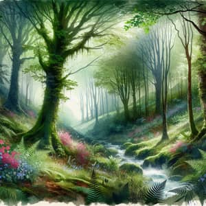 Enchanted Forest Watercolor Landscape - Mythical Nature Imagery