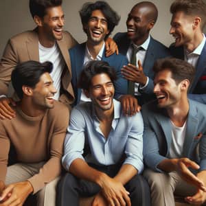 Joyful Gathering of Six Male Friends in Smart Casual Attire