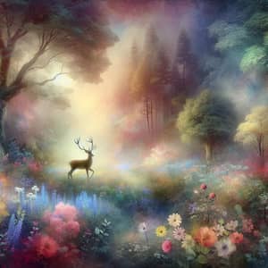 Mystical Forest with Majestic Deer and Vibrant Flowers