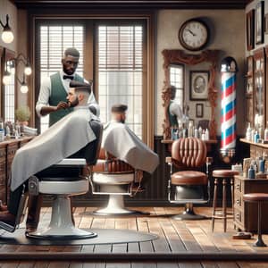 Vintage Barbershop Scene with Black Male Barber and White Male Customer