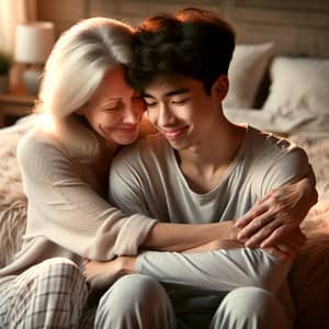 Heartwarming Moment: Loving Mom and 18-Year-Old Son Cuddling in Bed