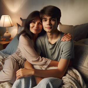 Loving Middle-Eastern Mother with 18-Year-Old Son Cuddling in Bed