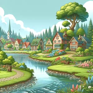Picturesque Village Illustration Surrounded by Nature