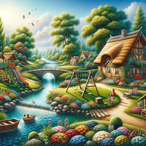 Enchanting Village Scene with Lively River and Vibrant Playground