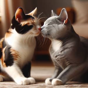 Adorable Cats Kissing: Calico & Russian Blue in Loving Pose