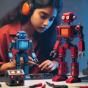 Female South Asian Engineer Repairing Robots: Blue and Red Models