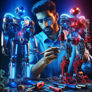 Professional Engineer Fixing Futuristic Blue and Retro Red Robots