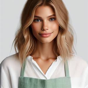 European Female Salesperson with Blonde Hair in Stylish Green Apron