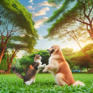 Playful Multicolored Cat and Golden Retriever Interaction in Vibrant Park