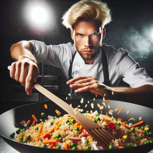 Expert Chef Sautéing Colorful Fried Rice with Vegetables