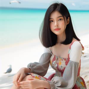 Tranquil Seaside Moment: East Asian Girl by Turquoise Sea