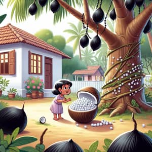 Unusual Tree with Black Coconuts and Pearls - Intriguing Backyard Scene