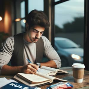 Focused Middle-Eastern Man Studying for Driver's License at Wooden Table