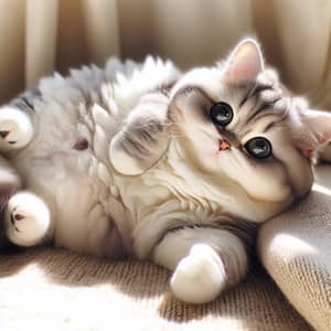 Adorable Chubby Cat in a Sunny Spot with Silvery Grey and White Fur
