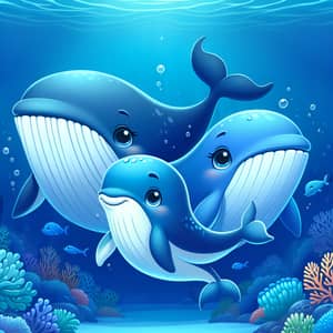 Cartoon-Style Whales Family Swimming in Deep Blue Ocean