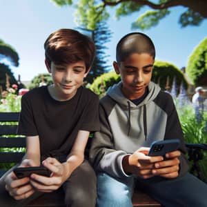Diverse Boys Engrossed in Technology | Green Park Scene