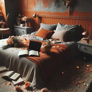 Romantic Orange and Grey Bedroom with Books, Laptop, and Flowers