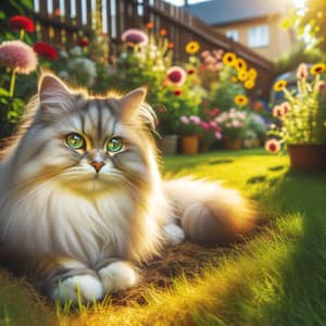 Fluffy Domestic Cat with Green Eyes in Vibrant Backyard Setting