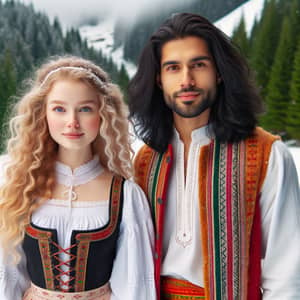 Scandinavian Girl and South Asian Man in Serene Snowscape