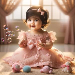 Adorable South Asian Baby Girl in Pink Dress Playing with Bubbles
