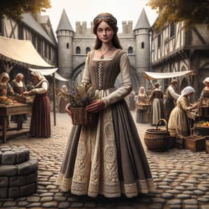 Medieval Era Girl in Wool Dress with Wildflowers | Marketplace Scene