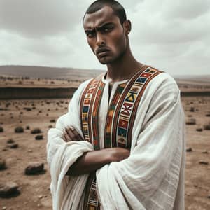 Traditional Ethiopian Attire: Stern Man in Colorful Robe