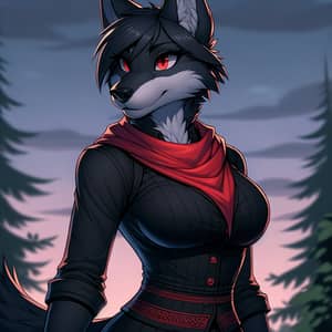 Female Black Wolf Character in Striking Black and Red Outfit