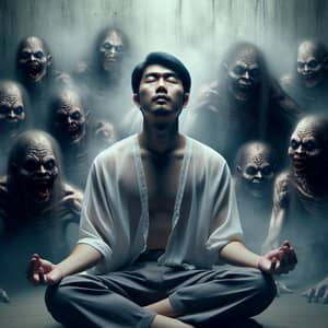 Tranquil East Asian Meditator Amidst Ghoulish Crowd