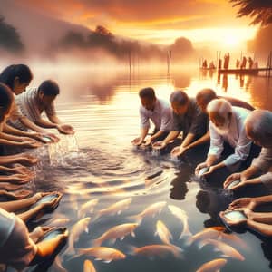 Peaceful Prayer Scene: Releasing Fish in Serene Water