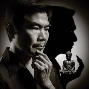 Serene Portrait of a Vietnamese Man with Buddha and Devil Shadows