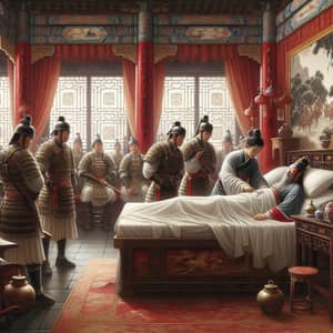 Royal Palace Scene: Sick King with Court Physician and Soldiers