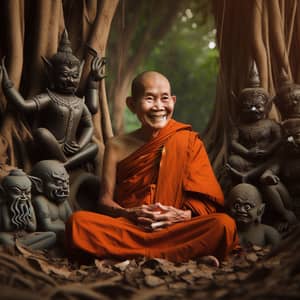 Asian Buddhist Monk Serenely Smiling Among Demons