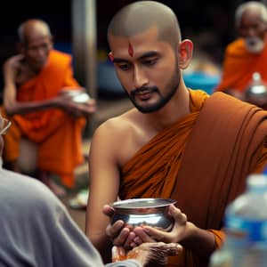 South Asian Monk Engaging in Charitable Actions