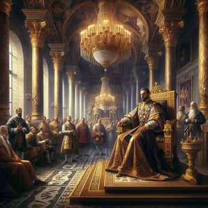 Majestic Monarch in Opulent Throne Room - Courtiers, Servants, Chandeliers