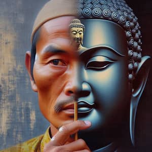 Realistic Portrait of Vietnamese Man Contemplating Buddha and Devil
