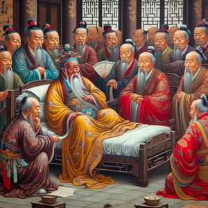 Ancient Chinese Scene: Portrait of Aging Sovereign in Palace