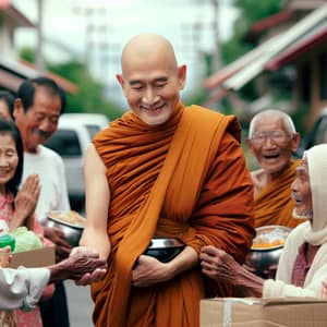 Asian Monk Engaged in Charitable Work for the Poor