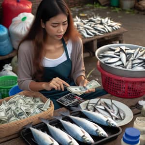 Woman Counting Money After Selling Fish