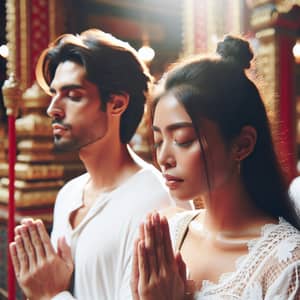 Cultural Diversity: South Asian Man & Hispanic Woman Praying at Temple