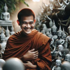Asian Monk Smiling Serenely Among Spirits | Tranquil Existence