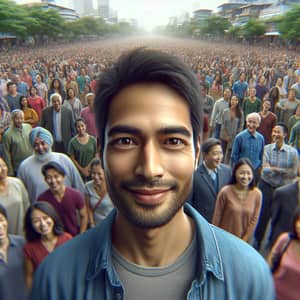 Hyper-Realistic Portrait of South Asian Man in Diverse Crowded Setting