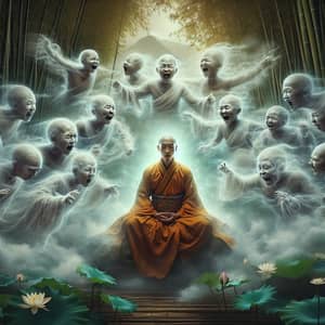 Serene Asian Monk Surrounded by Spirits | Mystical Landscape