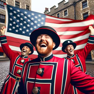 British Beefeaters Celebrating American Flag | Historic Setting