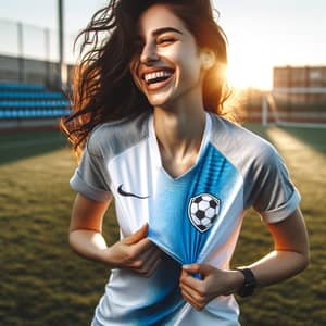 Young Middle-Eastern Female Soccer Player Finds Humor Outdoors