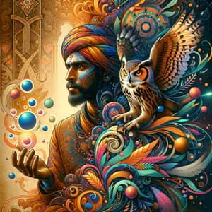 Vibrant Fusion Poster: South Asian Man and Owl Artwork