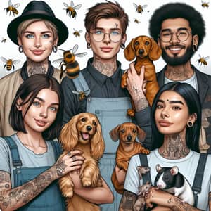 Diverse Group of 19-Year-Old Beekeepers with Pets | Portrait
