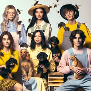 Diverse Group of Friends in Beekeeper Costumes with Pet Dogs and Rats