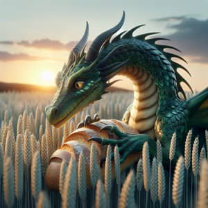Whimsical Dragon in Green Scales Resting in Rye Field with Bread